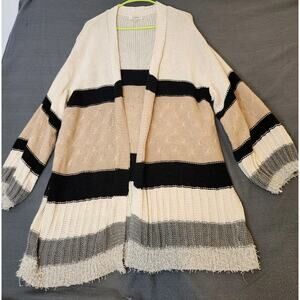 Umgee Long Duster Sweater Open Front Cardigan Tan Cream Black Stripe Womens‎ 1XL